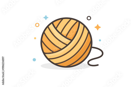 Yellow ball of yarn icon for knitting and crochet hobbies, flat vector illustration of wool ball for craft and handmade projects, editable stroke design for mobile apps and web interfaces.