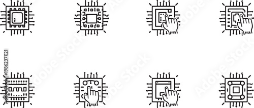 Computer chip icons, circuit board symbols, electronic components, tech illustrations