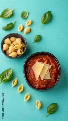 Delicious pasta shells with tomato sauce and fresh basil leaves