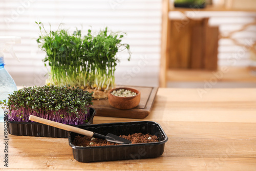 Container with seeds in soil, shovel and fresh microgreens on wooden table, closeup. Space for text
