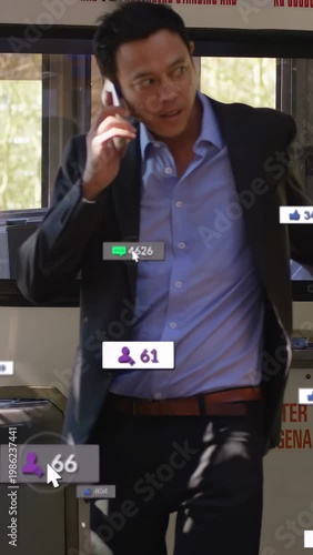 Vertical video: Businessman walking past driver at bus door, calling and growing UI counters around
