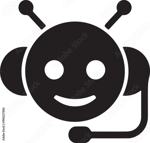 Black robot head with headset, smiling bot icon, chat assistant symbol, vector illustration