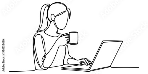 Continuous line drawing of a young woman with a ponytail working on a laptop while holding a mug Vector, illustration
