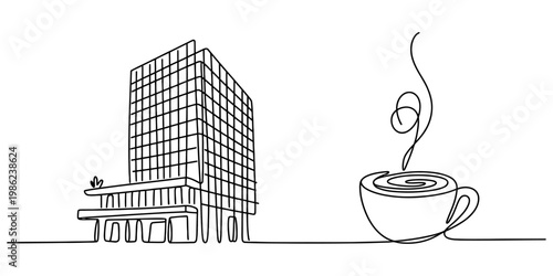 A minimalist line drawing of a modern office building next to a steaming hot cup of coffee. Vector, illustration