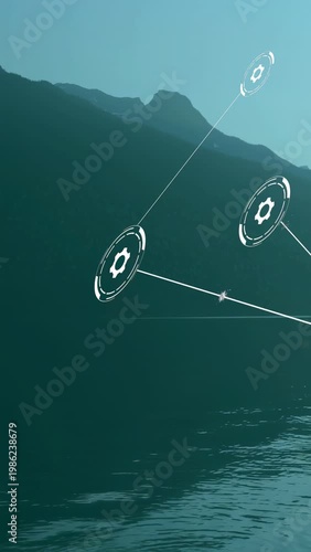 Vertical video: HUD gear nodes entering from right after pause, forming tech net above lake
