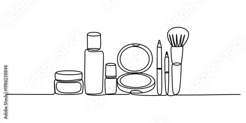 Continuous line drawing of various makeup and skincare products on a white background Vector, illustration
