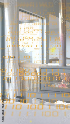Vertical video: Camera panning, revealing stove fire flickering under binary overlay to show warmth