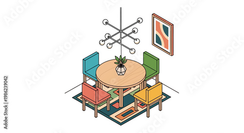 Isometric vector illustration of a dining room diorama featuring a round table with four colorful chairs and a unique chandelier, set against a clean white background in a minimalist art