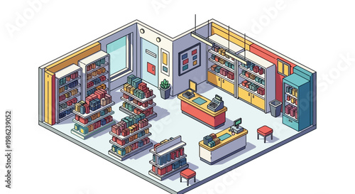 Isometric vector illustration of a store interior design, showcasing shelves stocked with goods and checkout counters, all rendered with a clean, cartoon-like style and set against a bright