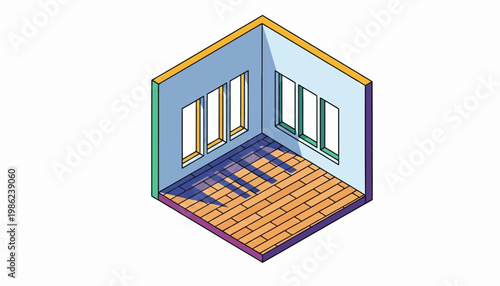 Isometric vector illustration of a room interior with a hardwood floor and pastel blue walls, showcasing three windows casting shadows across the floor in a design that suggests a clean