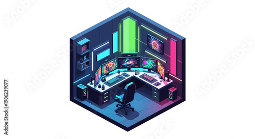 Isometric vector room diorama of a modern home office setup with multiple monitors and colorful neon lighting, showcasing a clean interior design and a comfortable workspace in a minimalist