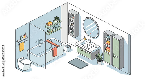 Isometric vector illustration showcasing a stylish bathroom interior design with a modern bathtub, sink, and storage cabinets, set against a clean white background in a minimalist, artistic