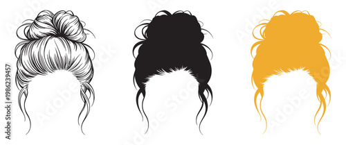 Messy bun hairstyle tutorial, easy quick hair updo styles for long medium short hair women girl trend editable vector illustration format