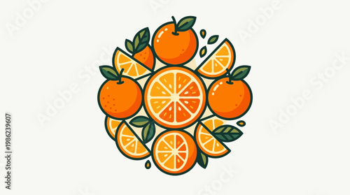 A vibrant illustration of oranges and slices.