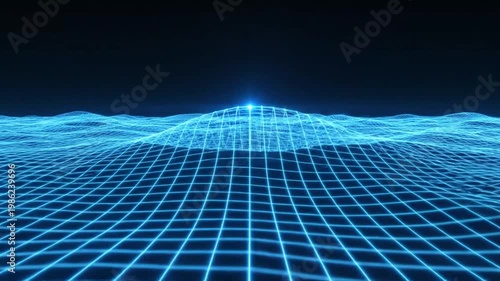Futuristic grid landscape with glowing blue lines.