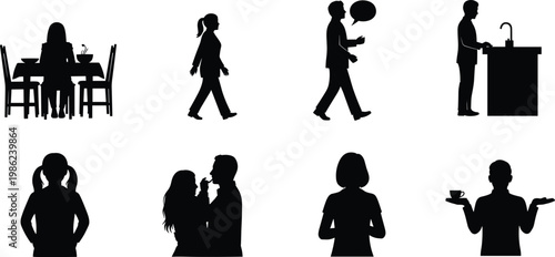 Daily life people silhouette set, woman eating dinner, man walking talking, couple hugging, person washing dishes, coffee server vector elements.