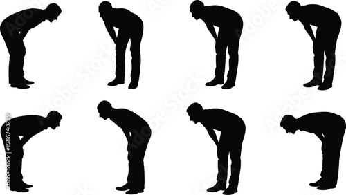 Man silhouette leaning forward set, male figure bowing, looking down, tired person resting hands on knees, isolated vector illustration elements.