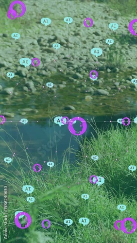 Vertical video: Steady river scene with AI icons appearing, drifting along line, forming AR overlay
