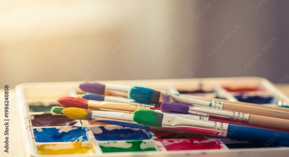 Fototapeta premium Artist Paint Brushes in Watercolor Palette