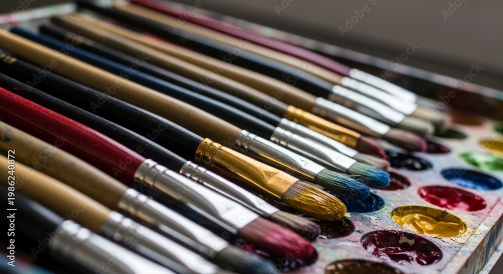 Obraz premium Paint Brushes in Colorful Art Palette, Studio Craft Background