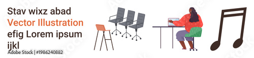 Office, workspace, teamwork, creativity, music, education. Set of chairs, table stool woman working at a laptop large music note. Office and workspace concepts collaboration