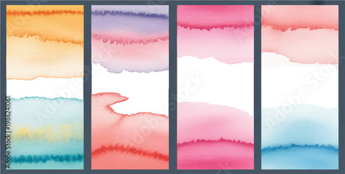 Abstract Watercolor Vertical Background Set, Soft Gradient Washes in Blue Purple Pink Orange, Modern Artistic Texture for Poster Banner Flyer Design