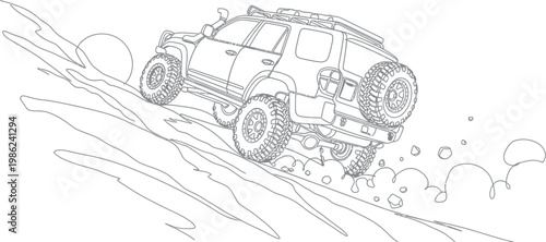 Rugged off road vehicle climbs a steep sandy dune in this detailed black and white line art drawing designed for children and coloring book enthusiasts