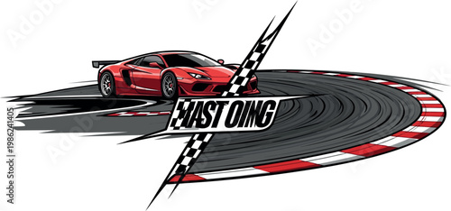 Stylish red sports car drifts rapidly around a sharp race track corner while showcasing speed and professional performance in a bold high quality vector graphic design