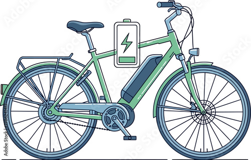 Modern electric bicycle with a prominent battery pack attached to the frame shown as a clean line art illustration for eco friendly transportation and commuting