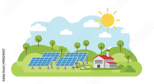 A vibrant flat illustration showcases a sustainable solar energy farm with blue panels connected to a small industrial building under a bright yellow sun.