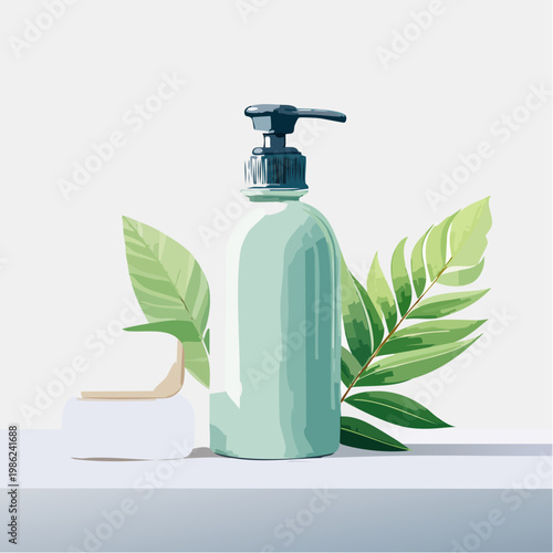 Ein ruhiges Badezimmer-Stillleben mit einer minimalistischen Seifenspender-Flasche