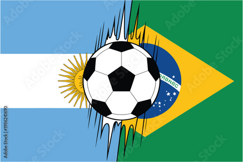 Argentina and Brazil flags split by soccer ball in graphic style for rivalry match football championship game
