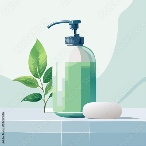 Ein ruhiges Badezimmer-Stillleben mit einer minimalistischen Seifenspender-Flasche