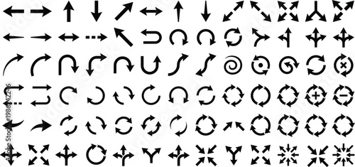 Tableau sur toile Large collection of black arrow icons showing directions curves cycles and multi