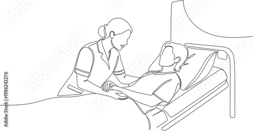 Caring nurse comforting a sick patient resting in a hospital bed drawn with continuous line style representing medical support and empathy for health recovery process