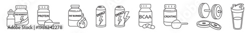 Energy and sport supplement line icon set isolated on transparent background. Minimal symbols with editable stroke for fitness, workout, nutrition, gym products, healthy lifestyle, packaging, branding
