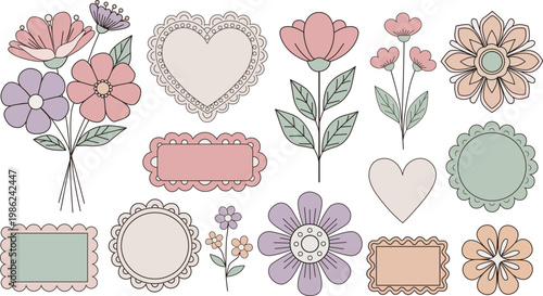  Floral Frames and Decorative Elements Set. Collection of floral frames, wreaths, and decorative shapes. Perfect for invitations and romantic designs.
