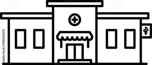 Clean and simple line art vector illustration depicting a professional healthcare building, perfect for medical websites, apps, or educational materials about hospitals and clinics.