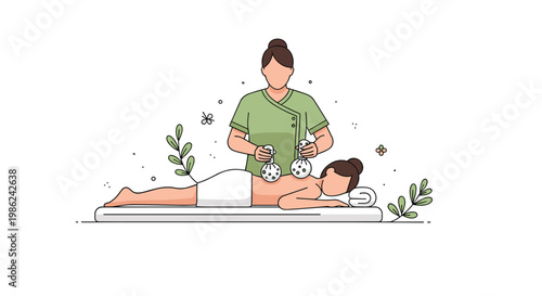 A professional female massage therapist in a green uniform performs a traditional herbal compress treatment on a relaxed client lying on a white spa table.