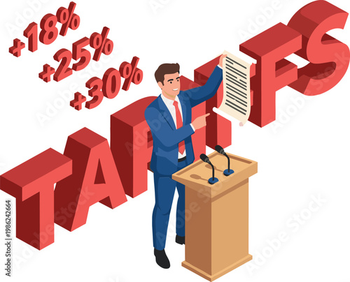 Businessman announcing increase in import tariffs standing at podium with official trade documents