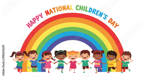 Diverse Children Celebrating National Children's Day Under a Vibrant Rainbow