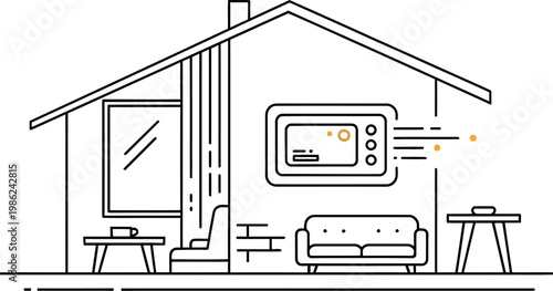 Simple line art drawing of a house interior showing a microwave oven heating food inside a cozy living space with furniture and clean minimal aesthetics