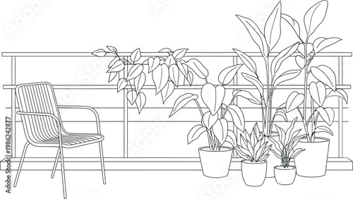 A simple line drawing of a small balcony chair next to several beautiful potted plants arranged neatly against a modern railing for a relaxing space