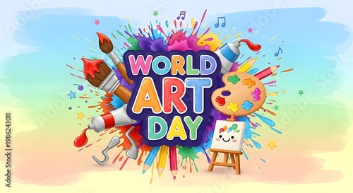 Day with colorful paint splashes and supplies