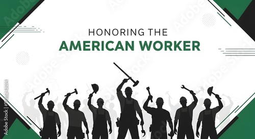 Silhouettes of workers holding tools, celebrating american labor