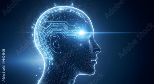 Digital human head with glowing circuit board and neon light