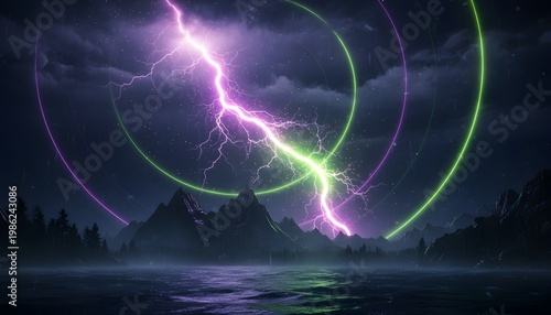 Vibrant neon lightning bolt strikes over misty mountains