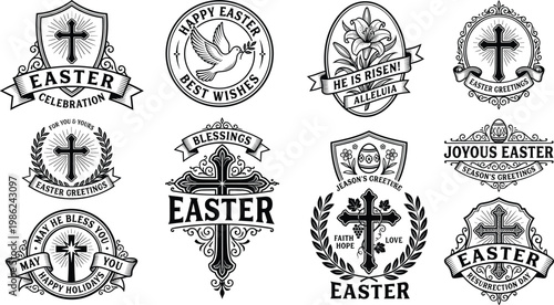 Collection of easter holiday greeting badges with religious symbols and dove of peace illustrations