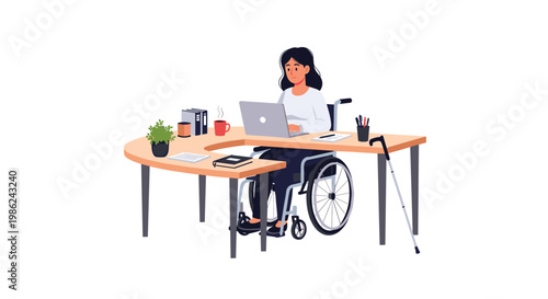 A professional young woman using a wheelchair works diligently on her laptop at a modern curved wooden desk equipped with office supplies and hot coffee.