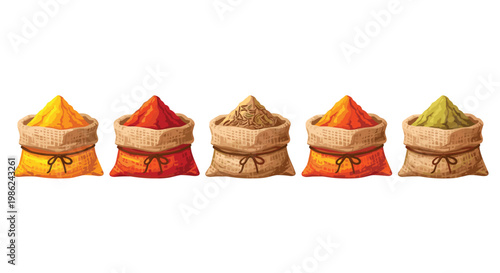 Five rustic burlap sacks tied with dark twine are arranged in a horizontal row containing colorful mounds of yellow, red, tan, orange, and green spices.